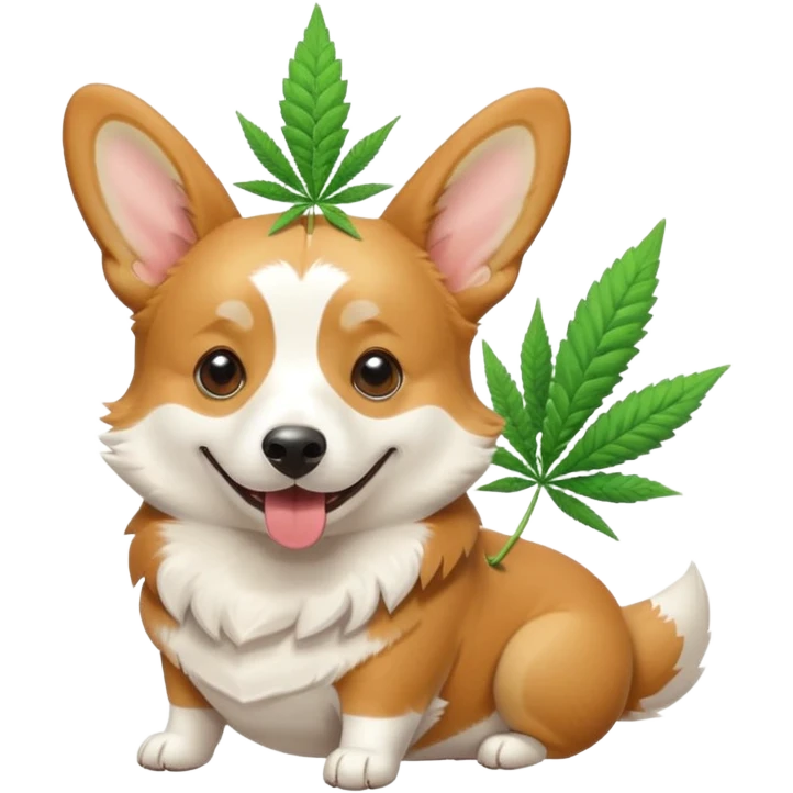 Tan and white Corgi with marijuana  emoji
