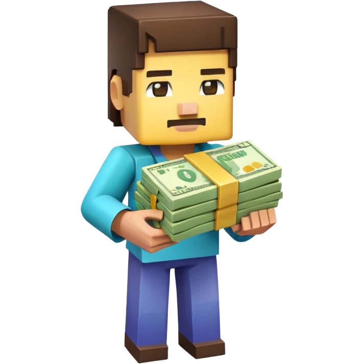 emoji style icon, minecraft blocky character holding a stack of money, pixel art style, bright colors, simple background, 3D glossy emoji, centered composition, soft shadow, high detail, clean outline, white background emoji