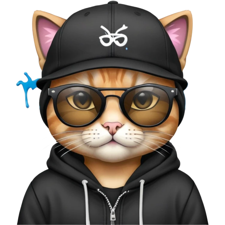 cat wearing a black snapback cap and black hoodie, with black sunglasses positioned low on his nose, looking directly at the viewer over the top of his sunglasses with a cool expression, doing graffiti with spray paint emoji