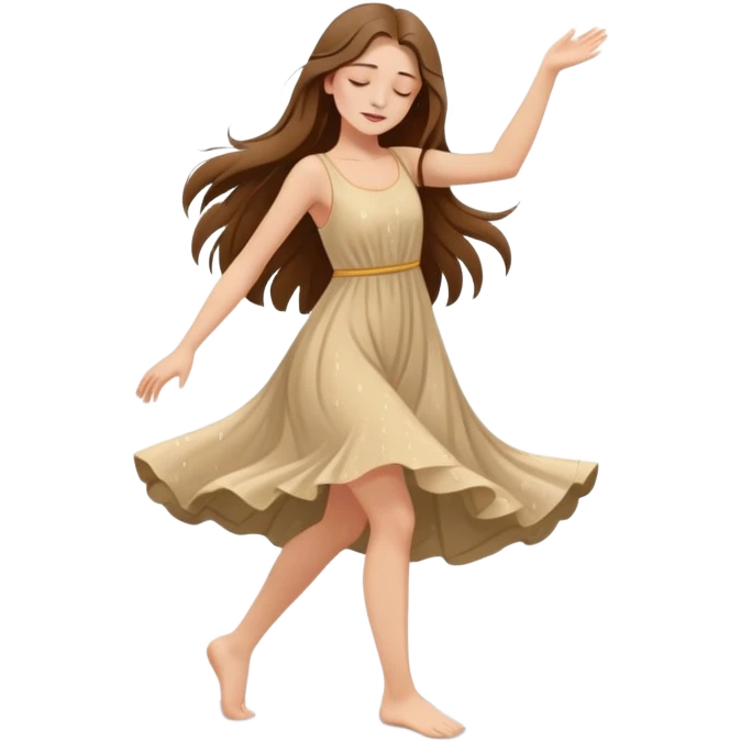 Girl with long brown hair dancing barefoot in the rain with closed eyes beige colors cartoon style elegant romantic  raindrops in the background  emoji