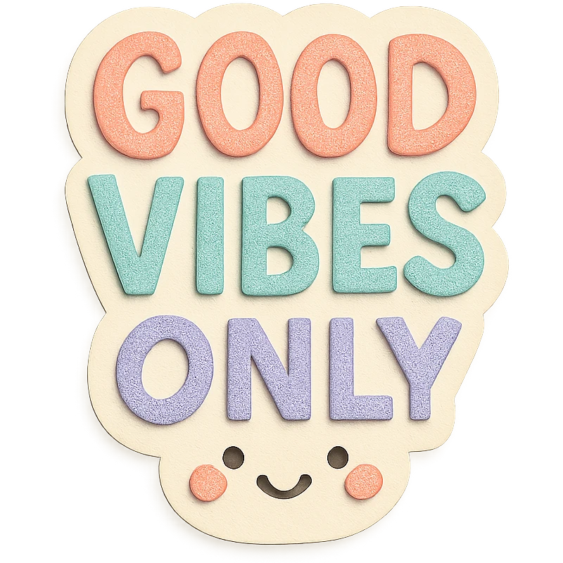 Hand-drawn "Good Vibes Only" in rainbow pastel, kawaii sticker, soft shadow, transparent background emoji