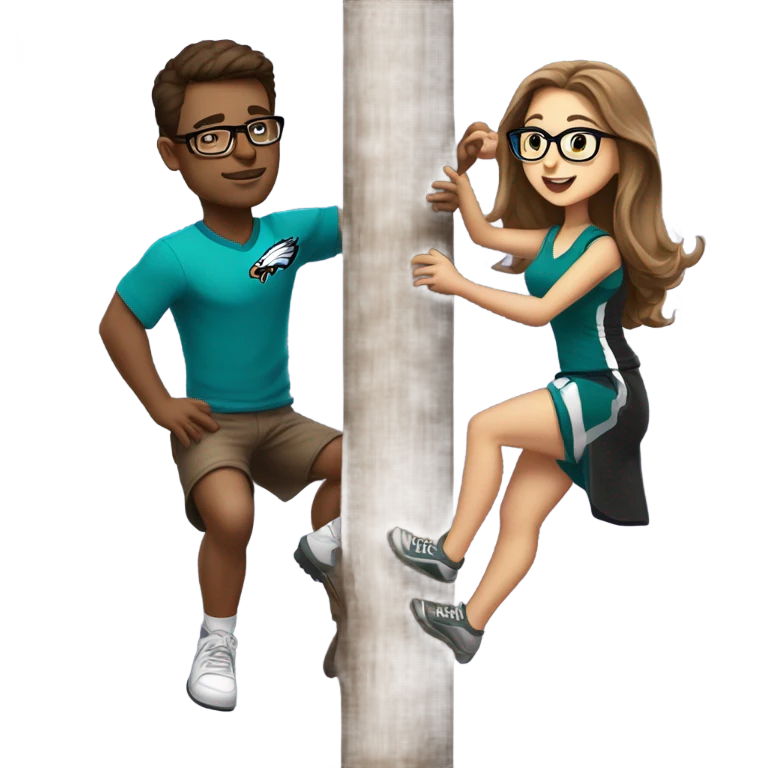 brown hair female with glasses and male with light skin and light brown hair who are both eagles fan climbing up a pole emoji