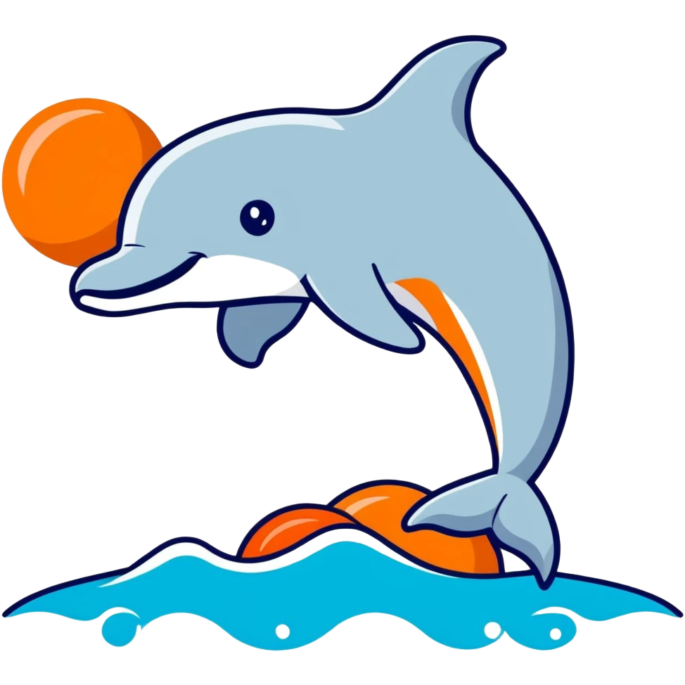 A dolphin jumping out of the water with an orange MnM above its head emoji