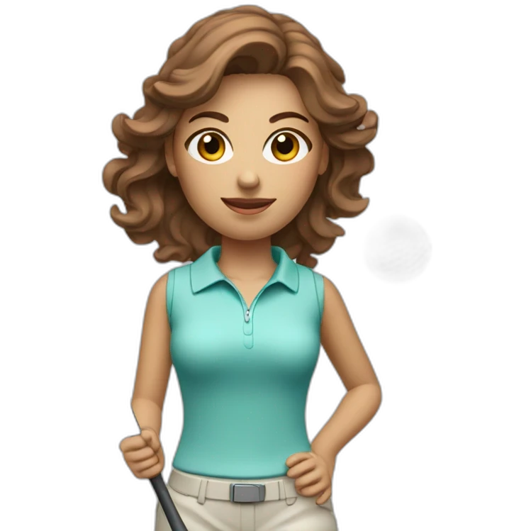 female with brown wavy hair dressed in golfwear with golf club and golf ball emoji
