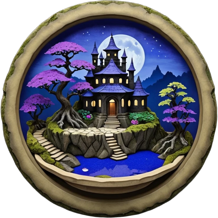  Ancient saucer-castle-house jungle winding trail mountainside getaway haunted nighttime landscape antique mudman very old broken cracked intricately detailed Stone Age lapis-crusted irregular dodecagon-shaped shallow dark moss rough bark violet flowered maple bonsai Saikei platter  emoji