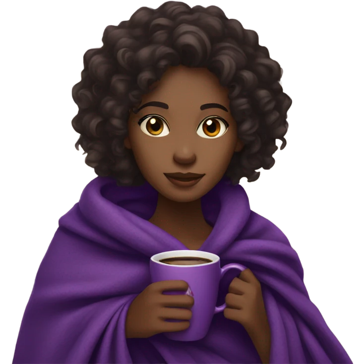 A black woman with dark brown eye and long curly hair  with a purple blanket wrapped over her shoulders, holding a purple mug of coffee emoji