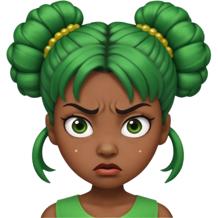 Create a 3D cartoon-style girl character with dark skin, round face, angry expression, big wide eyes, and tightly styled double buns made of green beaded hair. The girl should look irritated, eyebrows sharply angled, and lips pressed in a frown. emoji