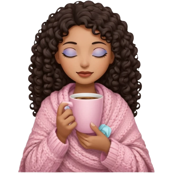 hispanic woman, brown skin, black long 3b curls, closed eyes, feminine face, holding soft pink coffee cup with beige blanket over shoulders emoji