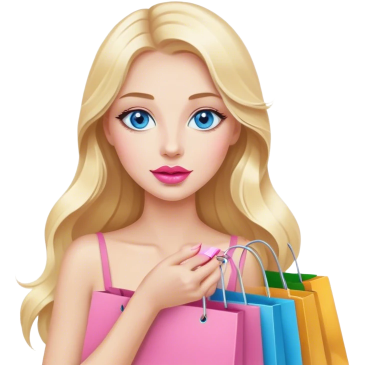 Cinematic realistic blonde with long hair, blue eyes and pink lips holds shopping bags in her hands emoji