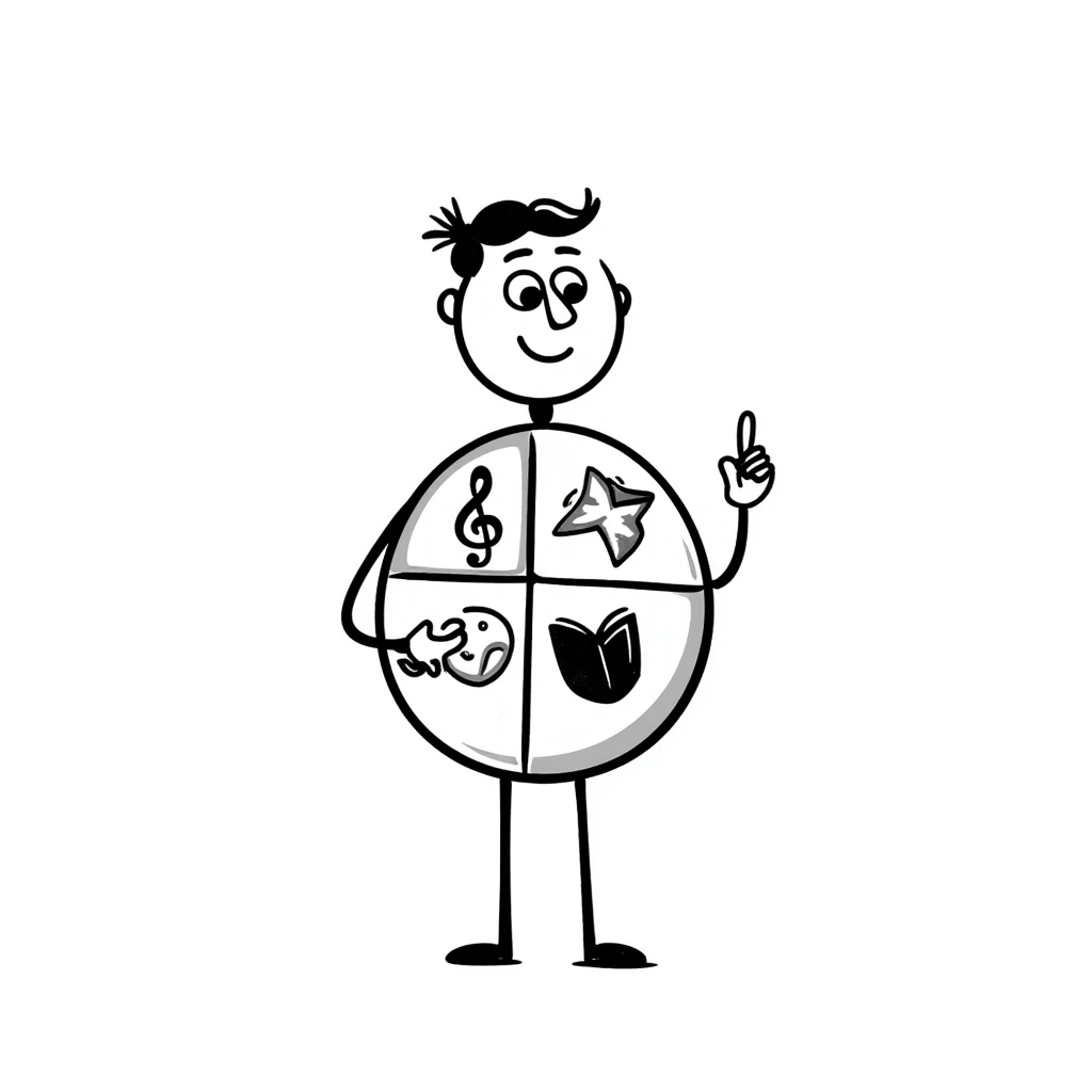 Hand-drawn metal man figure with a circular body divided into four segments, each containing symbols for different art forms: visual, musical, theatrical, and literary arts emoji