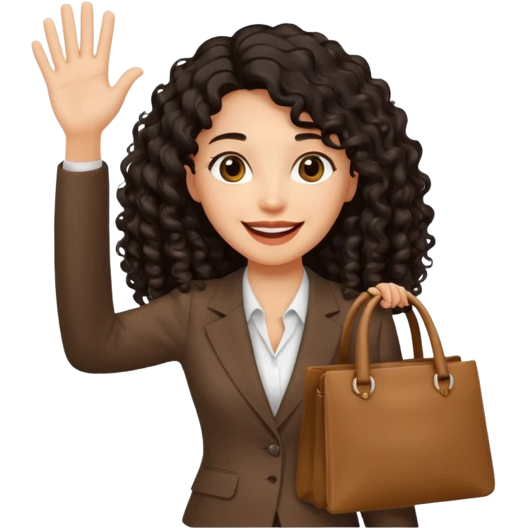 medium deep tan brown business woman with long black curly hair, waving hand with happy face with smile mouth and carrying bag on her shoulder emoji