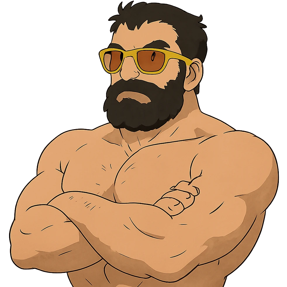muscular man with black beard wearing yellow sunglasses emoji