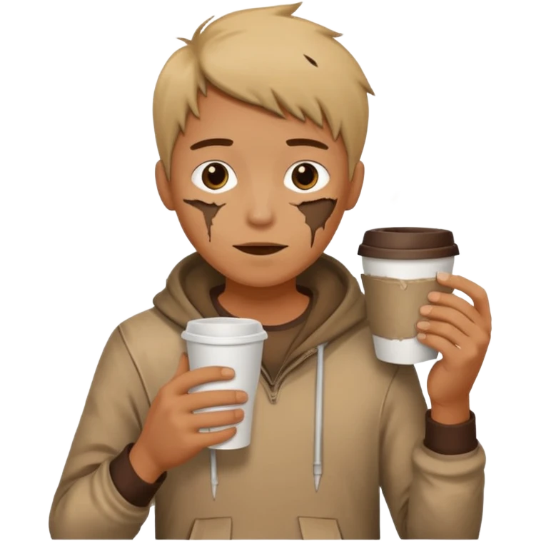 Create an emoji that shows a person wearing torn clothes with visible dirt marks and an empty cup. emoji