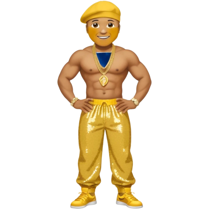 LL Cool J with yellow sequin baggy pants, shirtless with necklace emoji