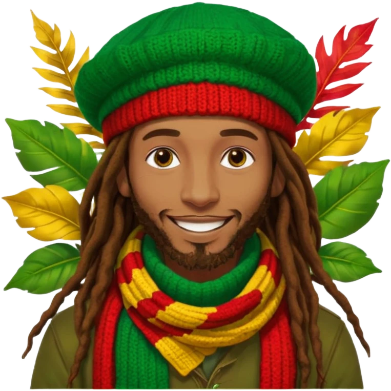 “Create a powerful illustrated portrait of a smiling man with long dreadlocks, wearing a colorful red, gold, and green knitted tam. The background has jungle leaves and warm lighting. Style: vibrant digital art, modern, bold lines, reggae vibe. With a Amsterdam colour scarf around his neck emoji