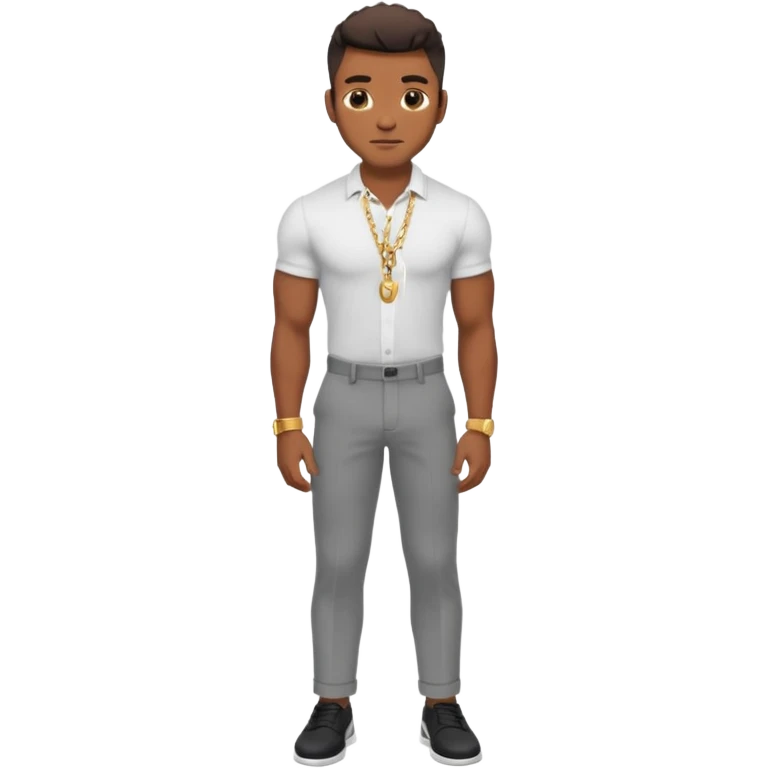 Handsome Black guy with brown skin tone, with lean muscular build, wearing gray slacks, a white button up top, black shoes, and a small gold chain emoji