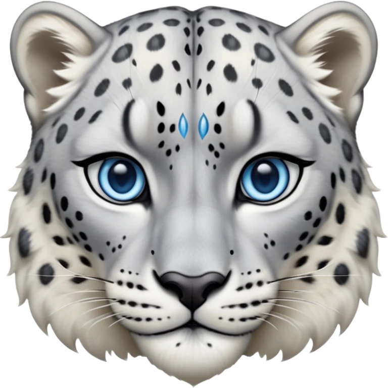 Cinematic-Noble-Snow-Leopard-Portrait-Emoji – Poised and majestic, with a muscular, agile build and a beautifully patterned coat of soft white and grey fur, marked with striking, deep-set, intelligent icy blue eyes, simplified yet sharp and sophisticated zoomed out showing the shoulders emoji