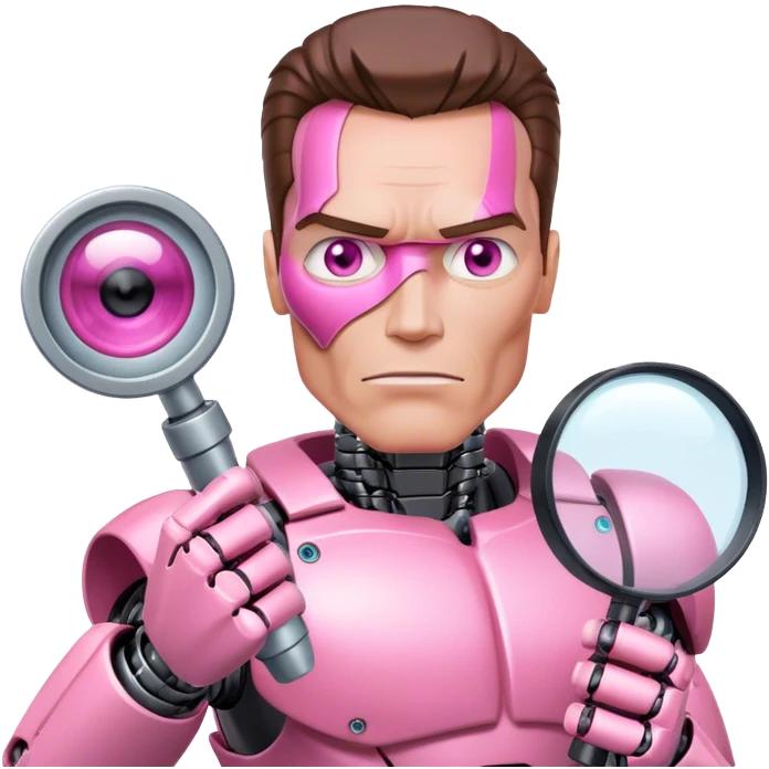 schwarzenegger-looking half robotic half human pink terminator holding magnifying glass, upper body emoji