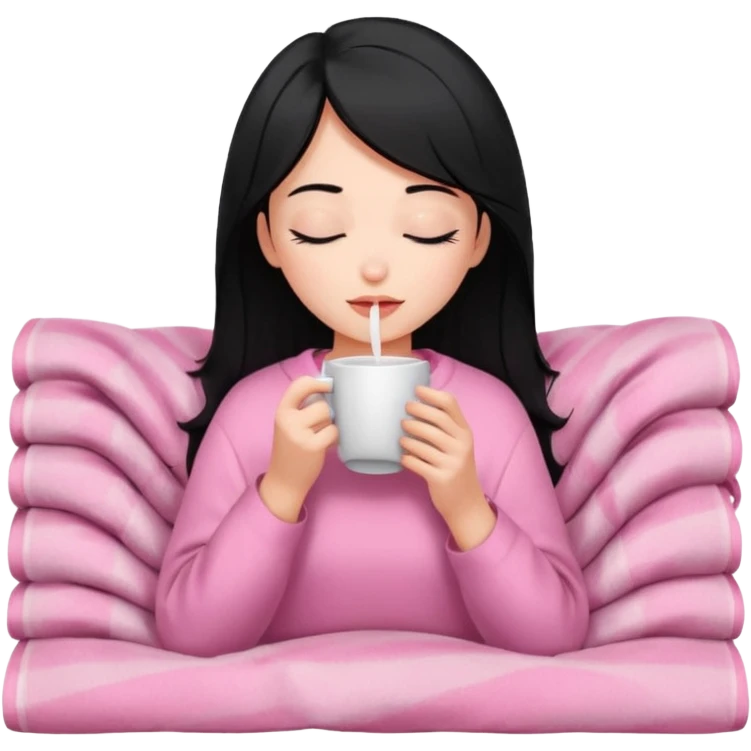 black haired girl inside a pink blanket sipping coffee with eyes closed and lashes emoji