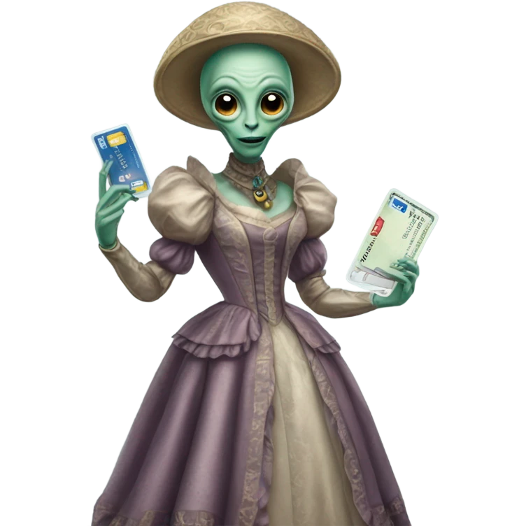 alien galora in Victorian dress elegant, full body, holding big credit card emoji