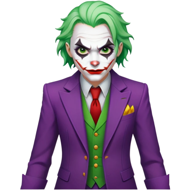The Joker villain character full body with green hair, purple suit, white face, red lips emoji