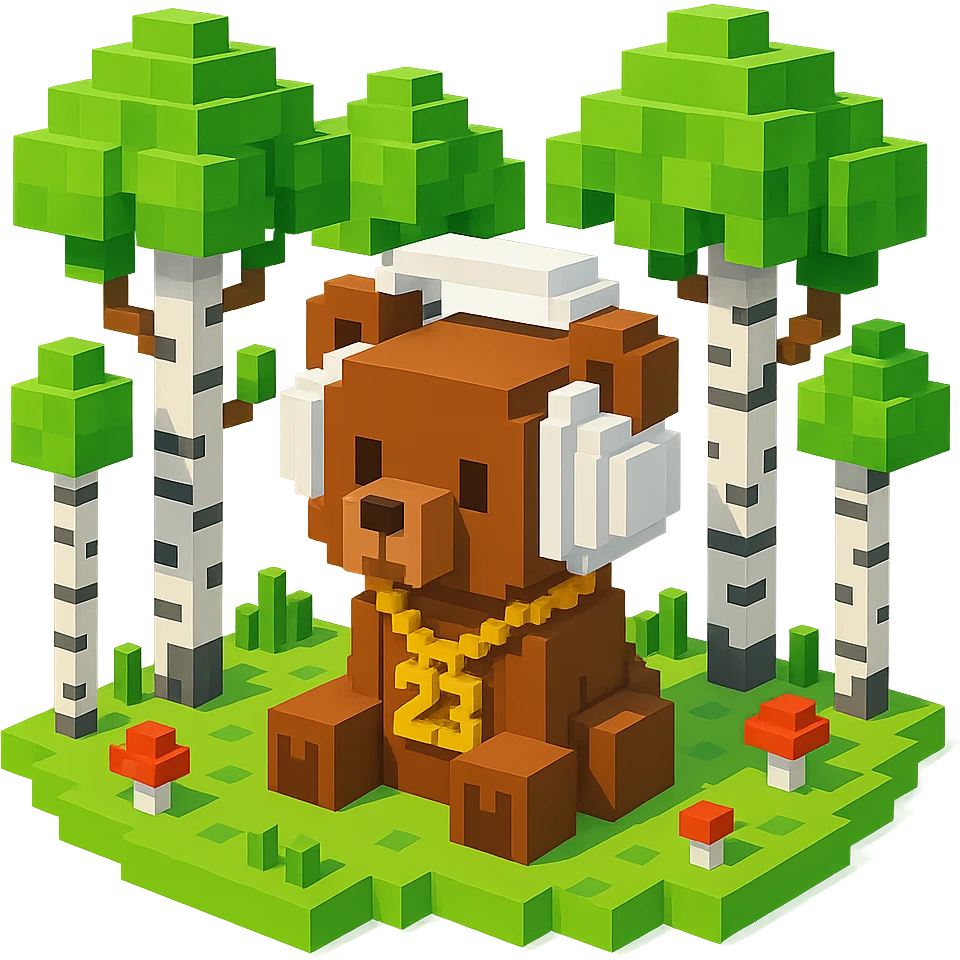 березовый лес, в котором сидит бурый медвежонок в белых наушниках (наушники должны закрывать уши медведя), на медведе цепь с подвеской "23", no background  emoji