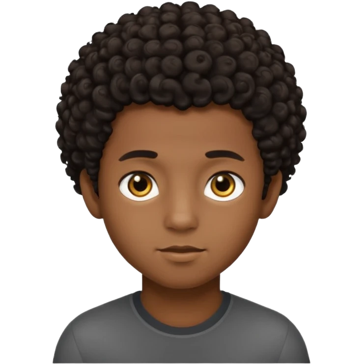 This avatar of black boy has tightly curly dark hair styled upward, a rounded face with golden-brown eyes, and a neutral expression emoji