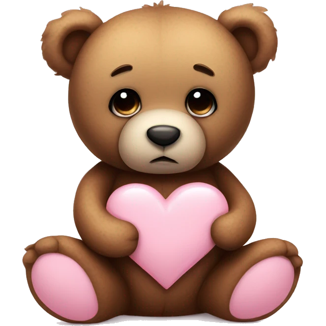 Teddy bear with sad eyes holding a pastel pink heart emoji