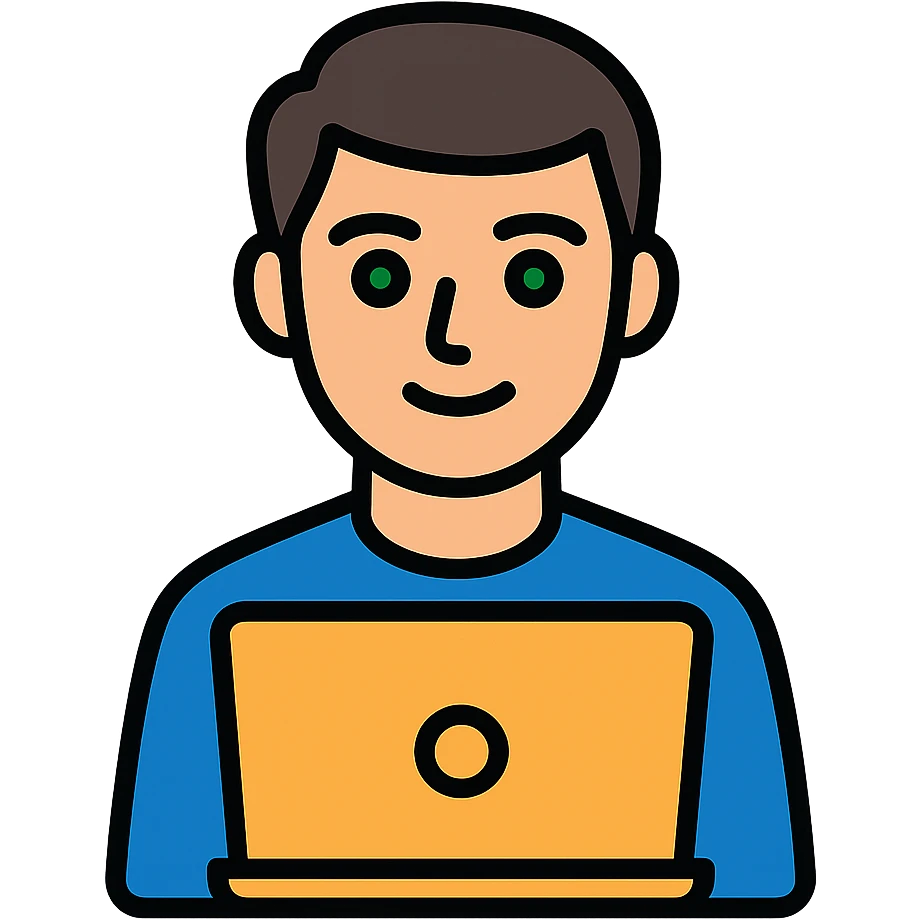 man with dark hair and green eyes working on a laptop, simple background, clean modern icon style emoji