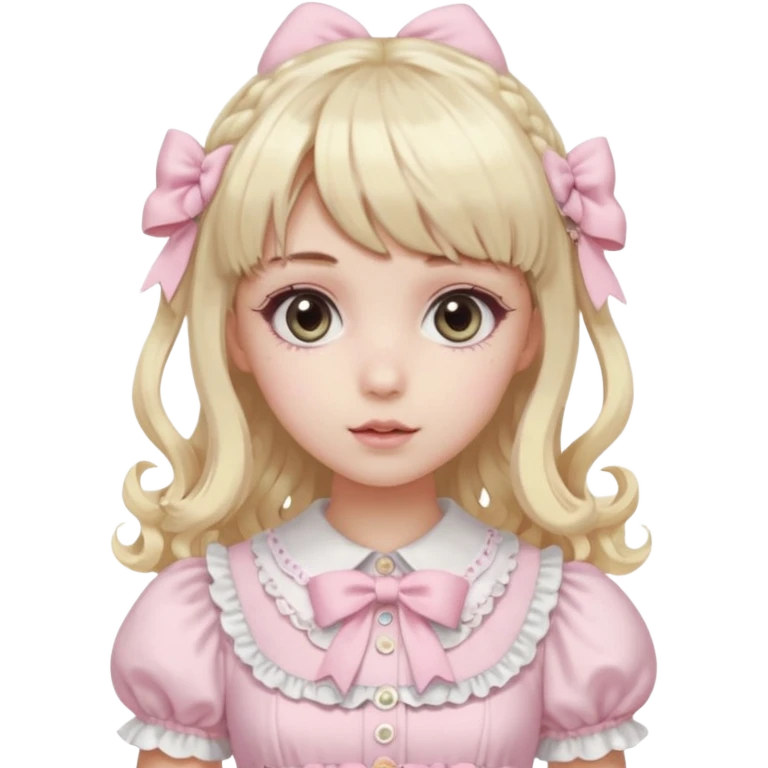 pale girl , who has curly medium length blonde and baby pink swirled hair with bangs , grey eyes , and doll like makeup , in a light pink lolita hime gyaru dress emoji | AI Emoji Generator black hair emoji