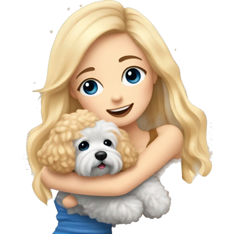 Blonde girl with long straight hair and blue eyes is hugging a small caramel maltipoo and they are celebrating a new year  emoji