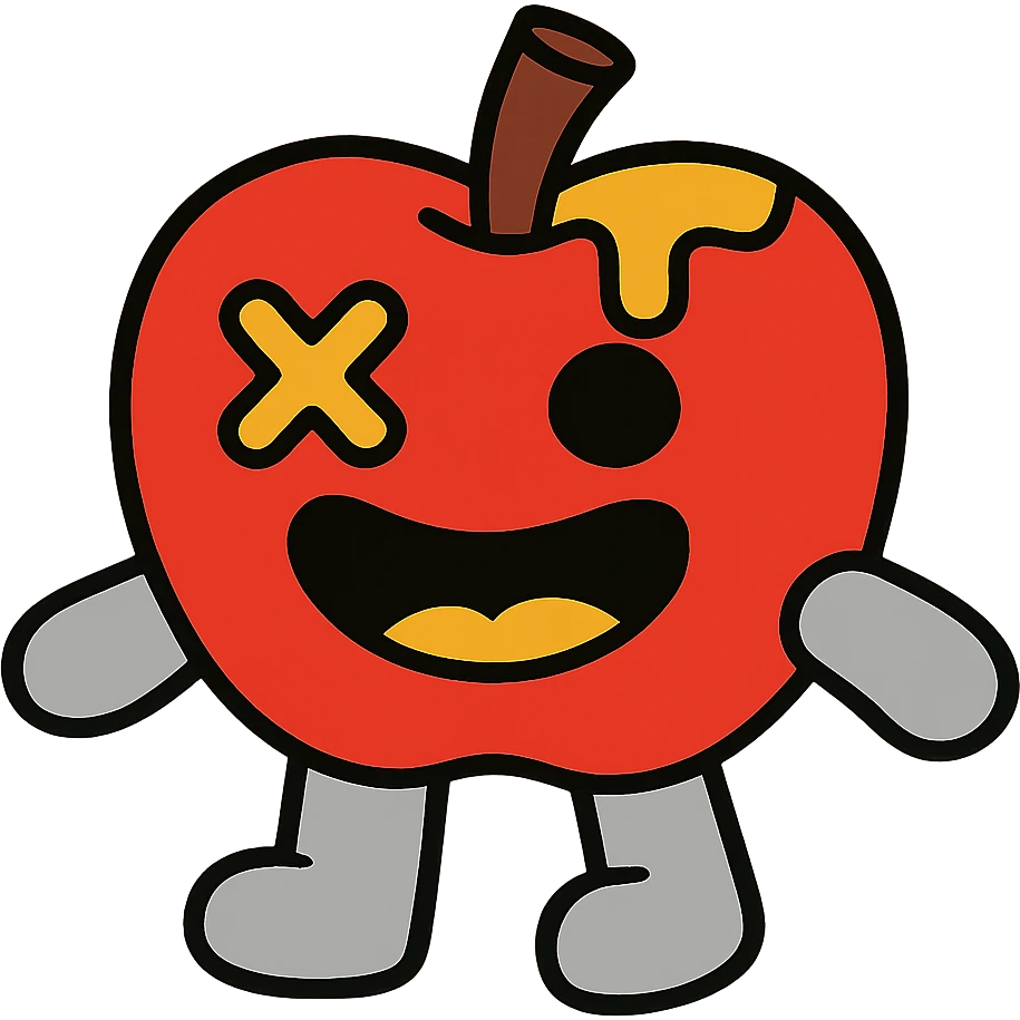 plush apple character with light grey arms and legs, left eye is an X, yellow ichor dripping from stem, big smiling mouth, no leaf emoji