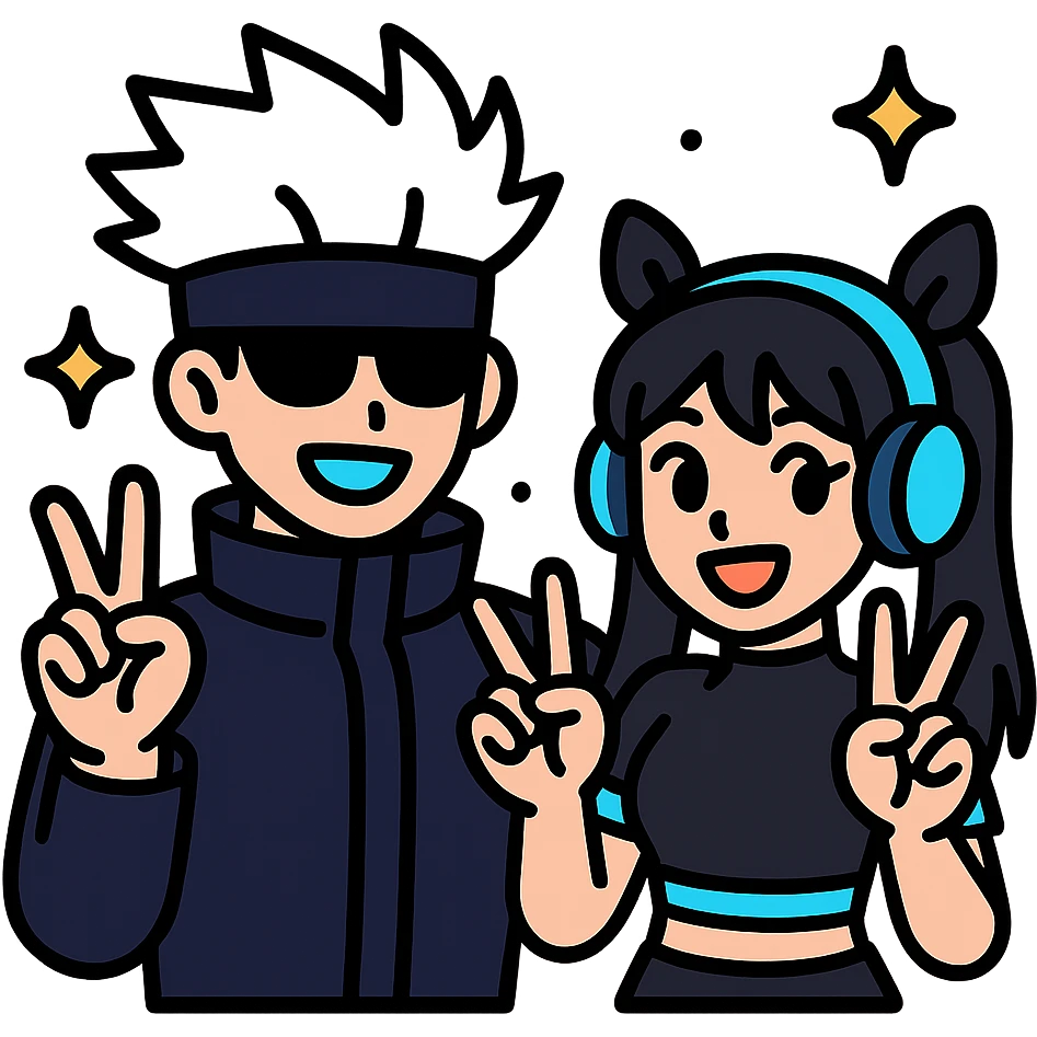 Gojo Satoru and his female protégé, both making peace signs, playful and energetic, Gojo with black shades and icy-blue eyes, protégé with long black hair, twin bows, cropped black top with cyan accents, blue headphones, sparkly background emoji