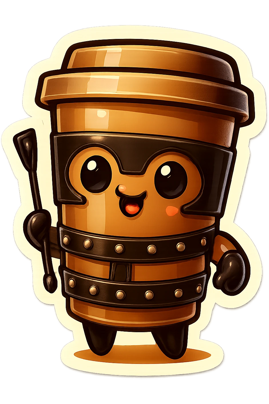 Tall coffee cup, dressed in leather holding a whipping crop emoji
