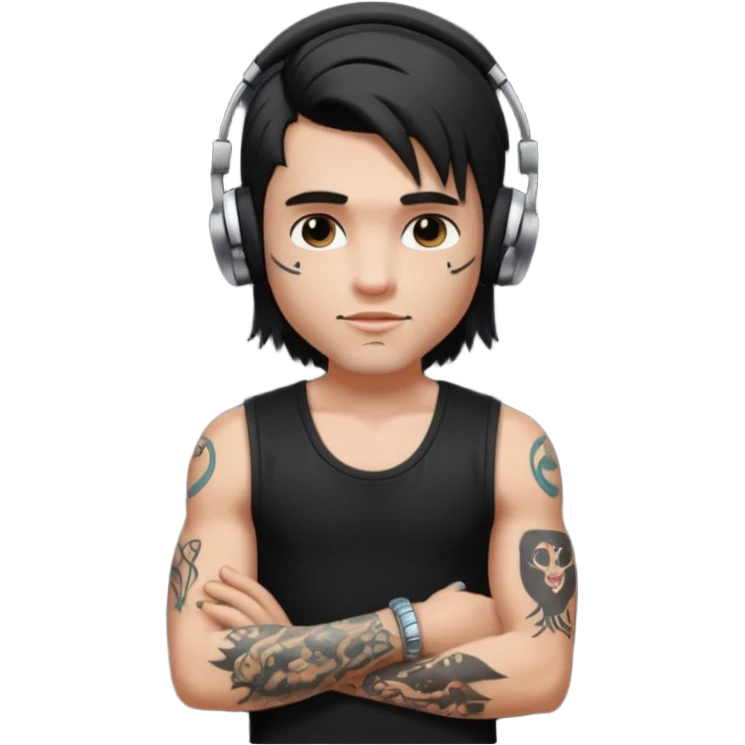a pretty bratz guy with mullet and earphones and a sleeveless black top with tattoos on arm emoji