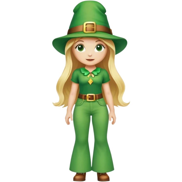 Blonde haired girl in green bell bottoms and leprechaun hat emoji