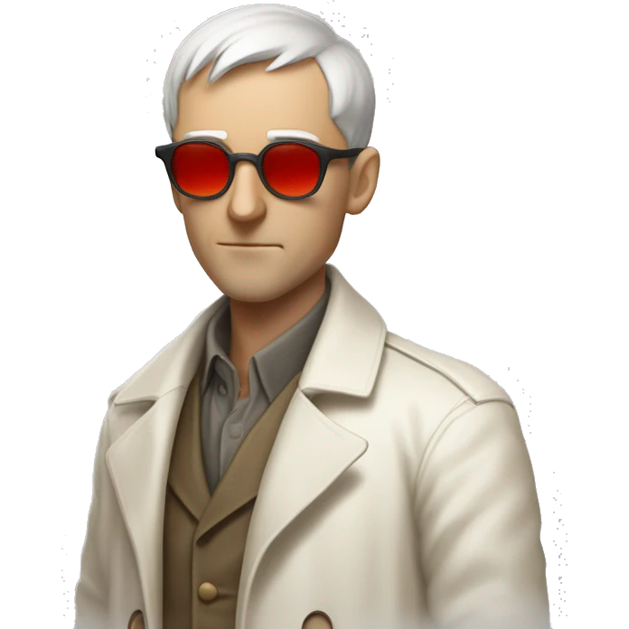 <excerpt>
A white man with real short hair, short mutton shops donning small red tinted sun glasses in a dirty white trench coat, is an alchemist.
</excerpt> emoji