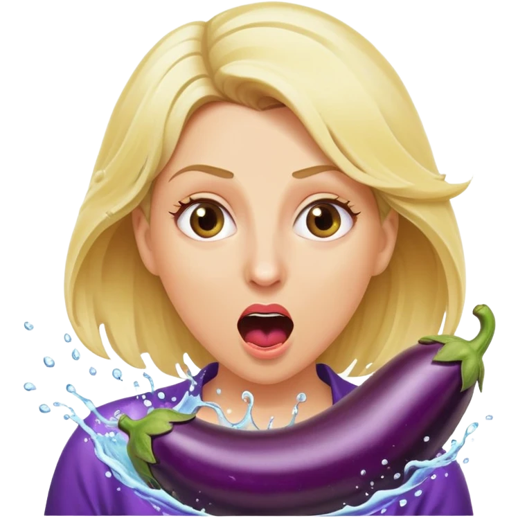 blond woman biting an aubergine, water jet coming out of the eggplant, shocked expression emoji