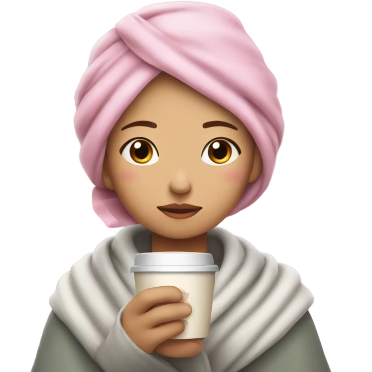 Asian girl inside a blanket sipping coffee eyes closed pink hair emoji