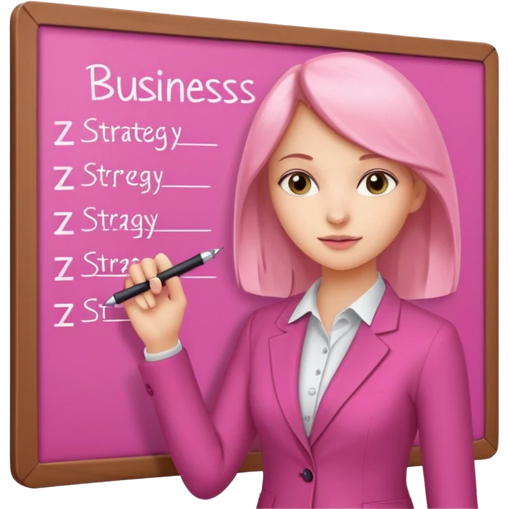 pink board with a girl writing on it and on the board there are graphs and a title "Business Strategy" emoji