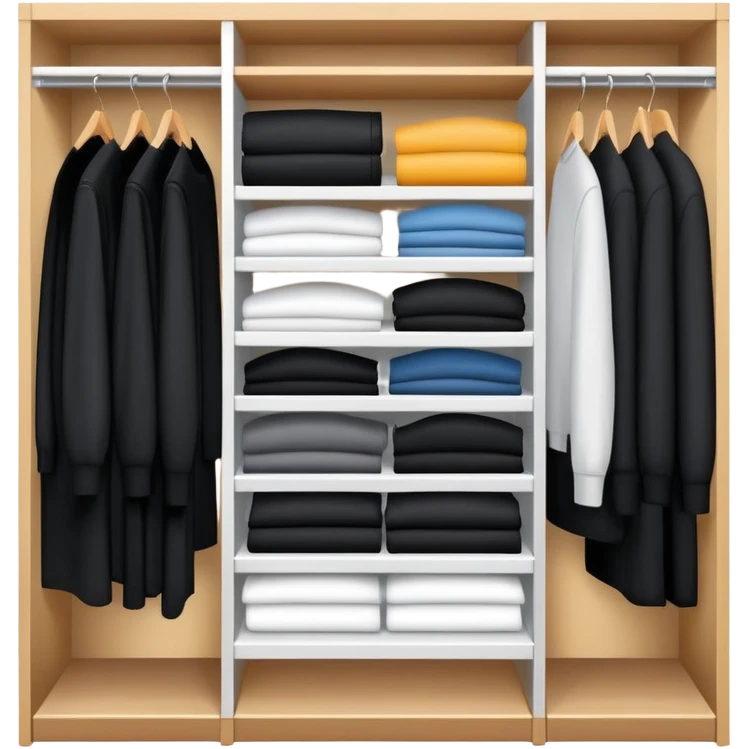 Closet organizer with visible compartments filled with black long sleeve shirts, sweaters and work clothes emoji