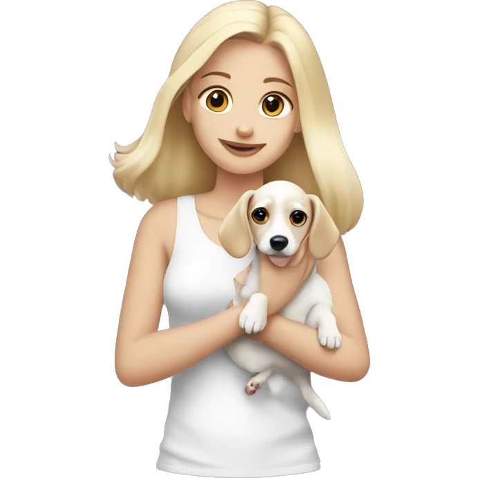 Blonde girl in white top holding a white dachshund puppy  emoji