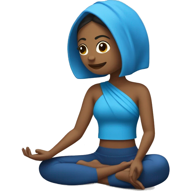 Mujer meditando en una manta de pilates azul rey, con los brazos cruzados y audifonos cascos negros emoji