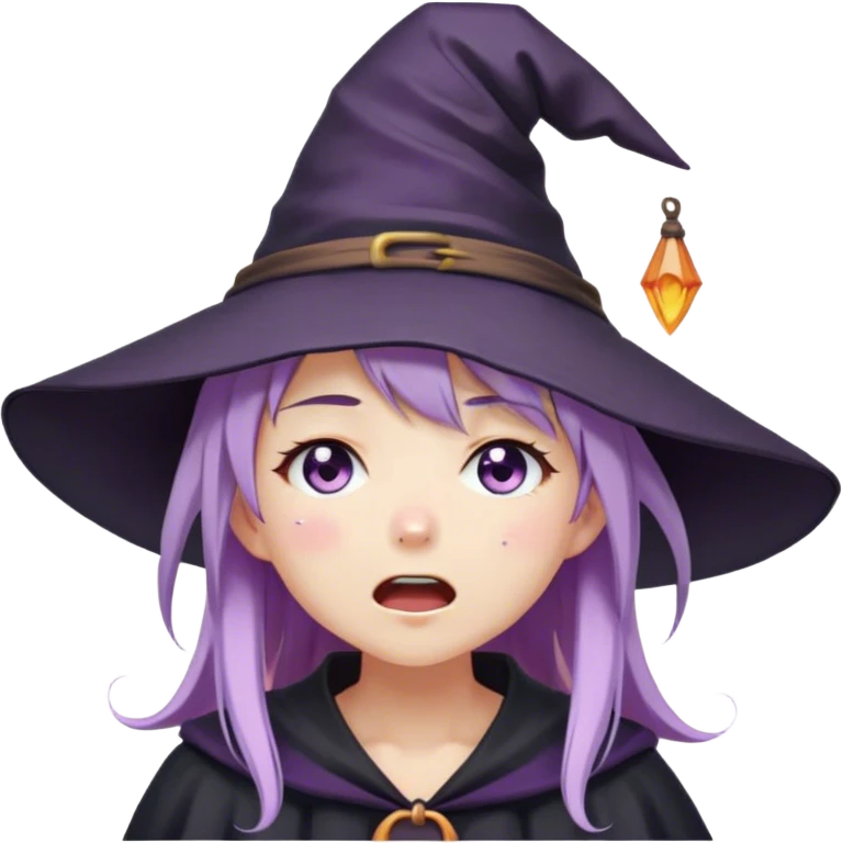 cute anime girl with lilac hair in a witch hat with her eyes closed cries and screams loudly emoji