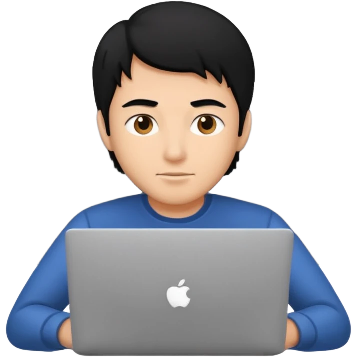 a fair man with black hair working on laptop , front view emoji