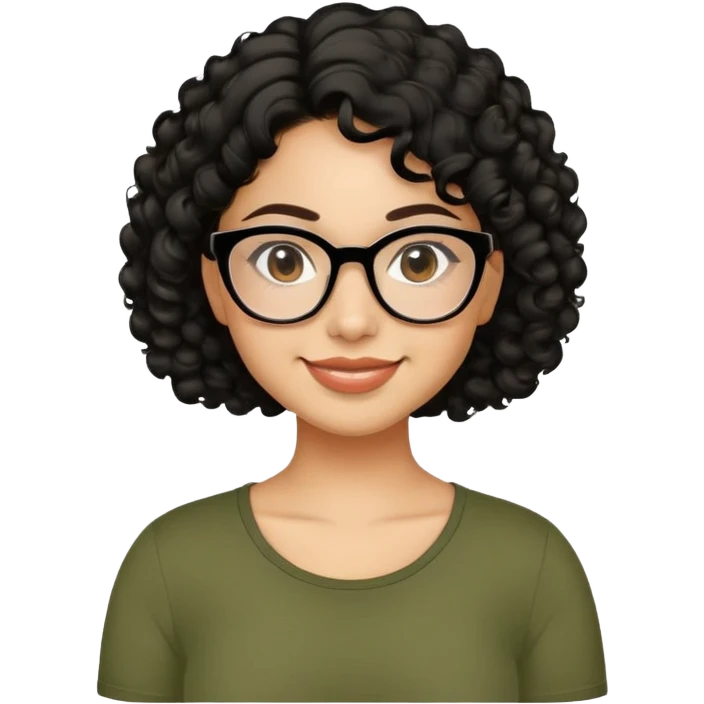 Latina in her early 30s with light tan complexion. Round face with prominent cheeks. Smiling with visible dimples. Dark eyes with black-framed glasses. Short defined curly black hair. Wearing a casual olive green top. emoji