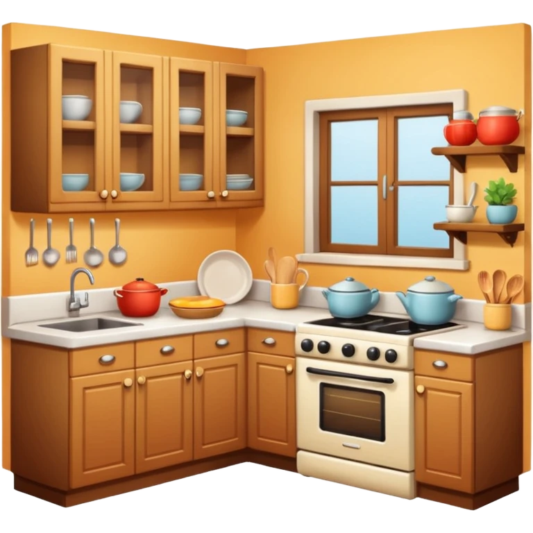 A cozy home kitchen in clean emoji-style illustration. Warm colors, simple shapes, homemade dishes on the counter, friendly atmosphere, flat design, high contrast, clear outlines. emoji