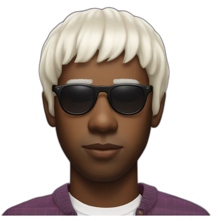 tyler the creator with a short white wig and dark sunglasses looking with a sstraight face emoji