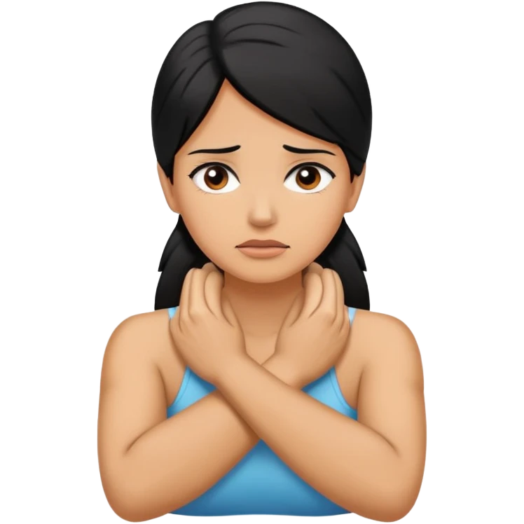 women with tan skin color and black hair arms crossed hands holding neck stressed emoji