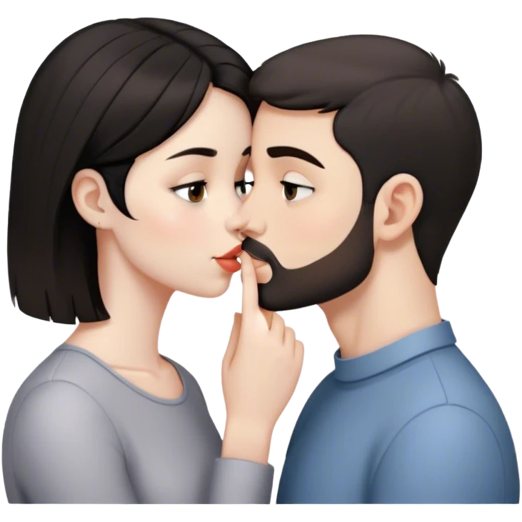 beautiful pale brunette girl with brown eyes kisses pale man short black hair small beard grey eyes emoji